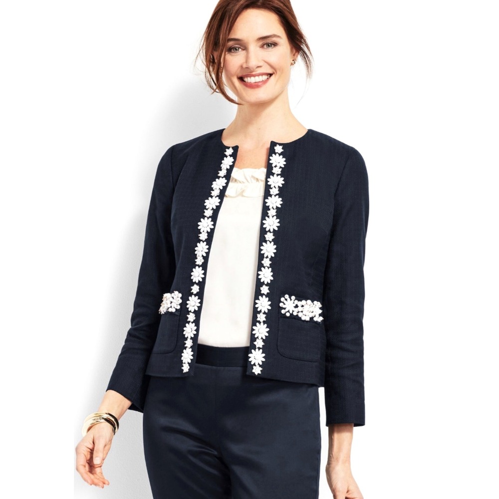 NEW! RSVP by Talbots  Hand Beaded Blazer Jacket Navy Blue White SZ 6